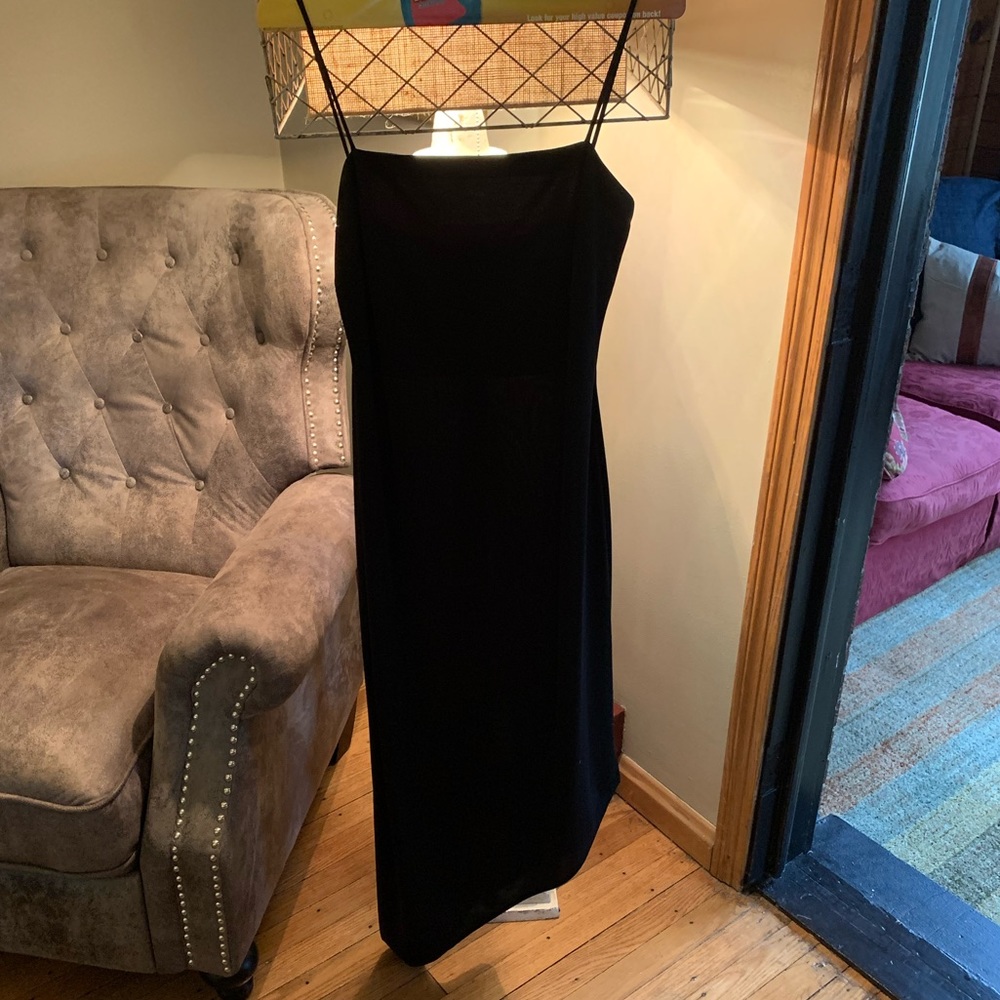 Arianna by Rachel Kaye black satin angled bottom evening dress